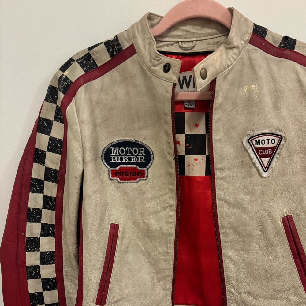 Wilsons Leather Cream and Red Racing Patch Leather Jacket - Picture 4 of 9